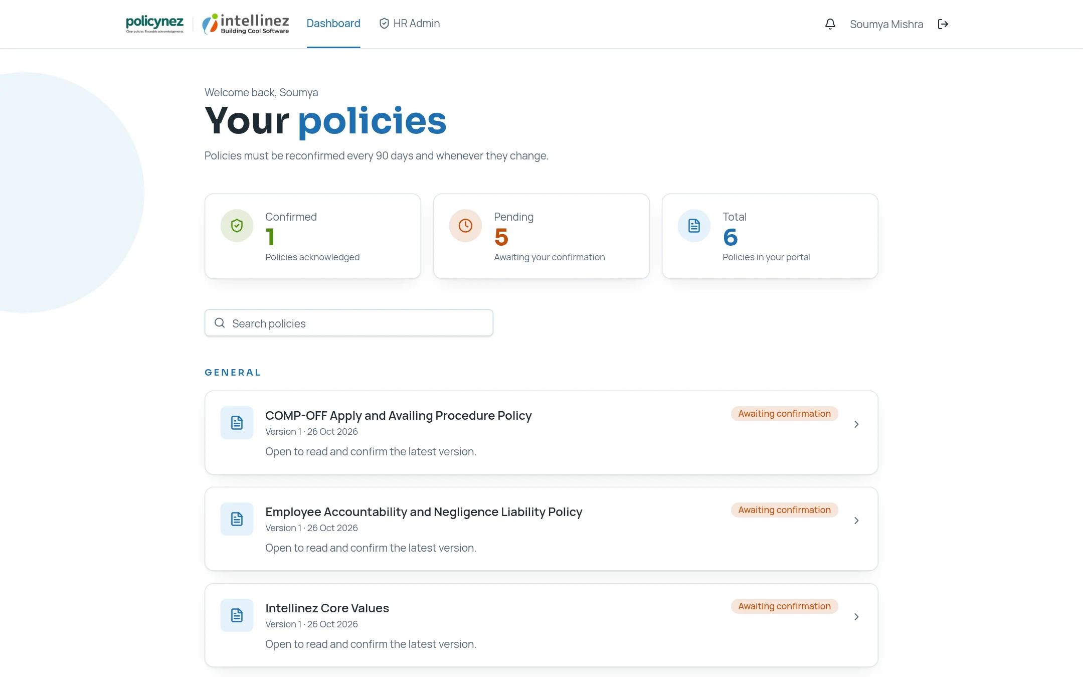 Policynez employee dashboard showing confirmed and pending policies